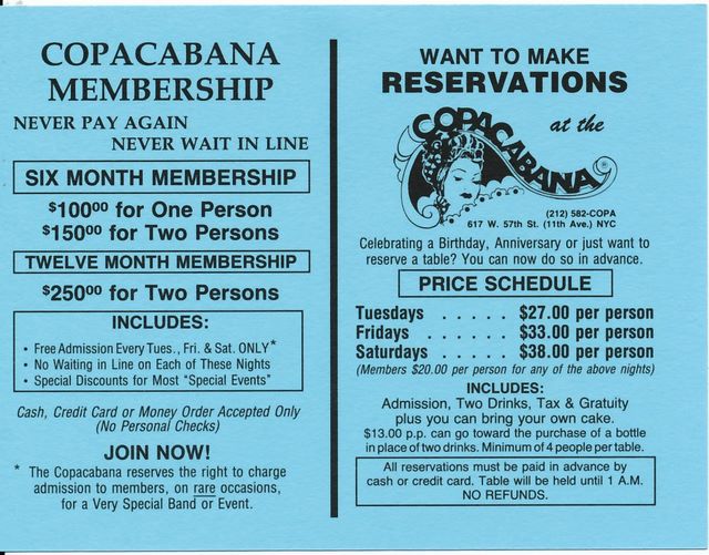 CopaCabana Flyer - Nov 1995 (back)  - give us idea for membership sales