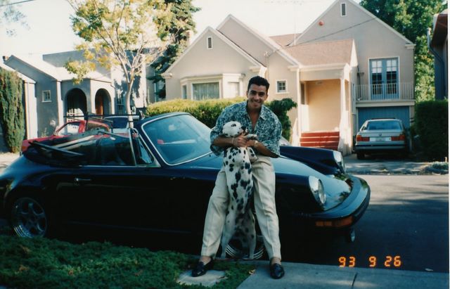 Alex da Silva in front of Jake's house with pup and porche - Sept 1993