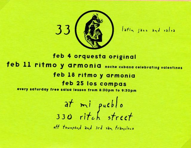 Calendar from 330 Ritch club salsa night - Sat - Feb 1996?