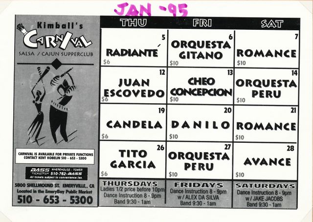Kimball's Carnival calendar - Jan 1995 (back), Jake on Thur/Sat, Alex on Fri