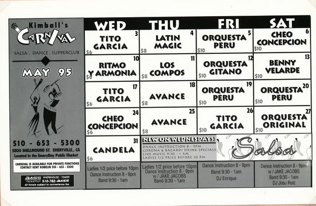 Kimball's Carnival Calendar - May 1995 - Salsa added on Wednesdays now...