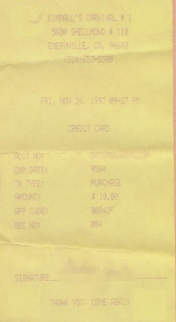 Receipt from Kimball's Carnival Emeryville Nov 1993 - 4mos after starting salsa