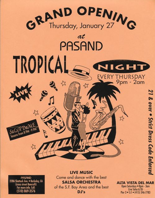 Grand Opening Flyer for Pasand Salsa night - Jake's first teaching gig - Jan 1994