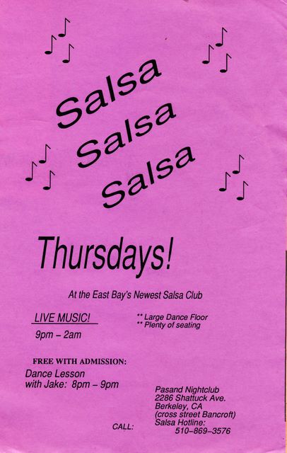 Jake's flyer advertising Pasand club salsa Thursdays, 1994