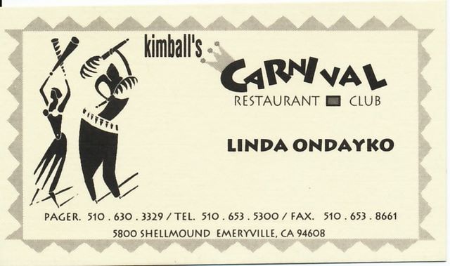 Linda's business card - manager of Kimball's Carnival in 1993