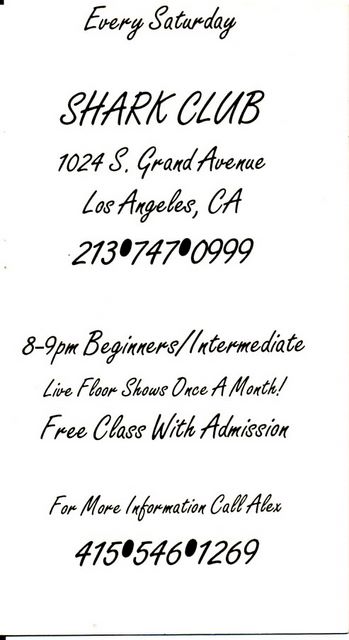 Back of Alex card - when he first started flying to L.A. to teach at Shark Club - around 1996