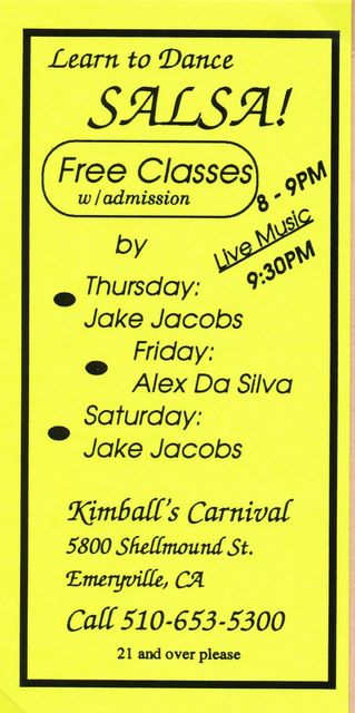 Jake's flyer for Kimball's Carnival Emeryville salsa classes - 1996