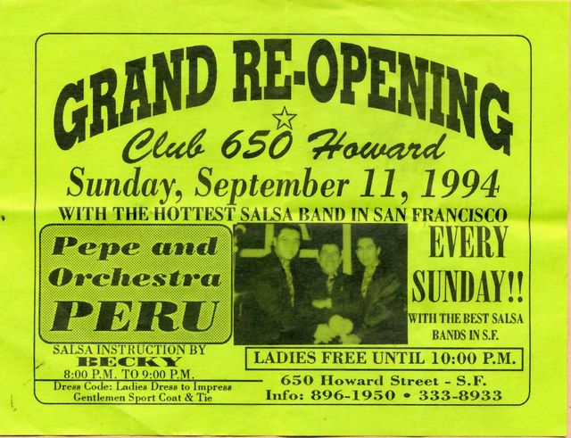 Yet another re-opening of 650 Howard, Salsa classes by Becky (also Tango teacher) around 1996