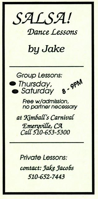 Jake's flyer/card for Kimball's classes - circa 1997