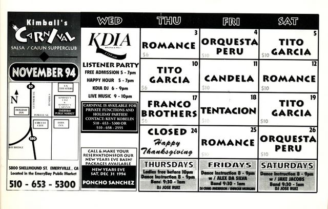 Kimball's Carnival calendar - Nov 1994 (back)