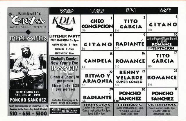 Kimball's Carnival Calendar - Dec 1994 (back) - I think we were teaching both Thur/Sat<