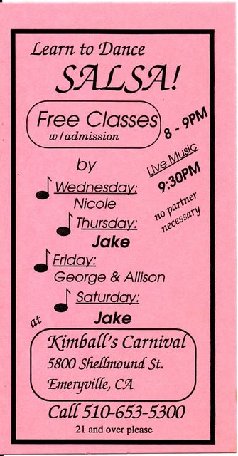 Jake's flyer for Kimball's classes 1995 - after Alex let go.. His old partner Nicole teaching Wed, George/Allison Fri