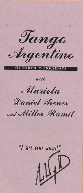 Flyer advertising Tango workshops with Mariella and Miller - Oct 1995