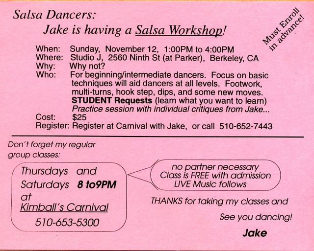 Jake's workshop announcement - POST CARD(!) - Nov 1995