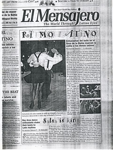 Article about Salsa dance in El Mensajero - Dec 1995 - picture shows Jake and Techi dancing at Kimball's Carnival