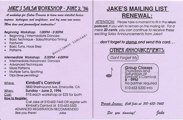 Jake's 3rd Workshop flyer - June 1996