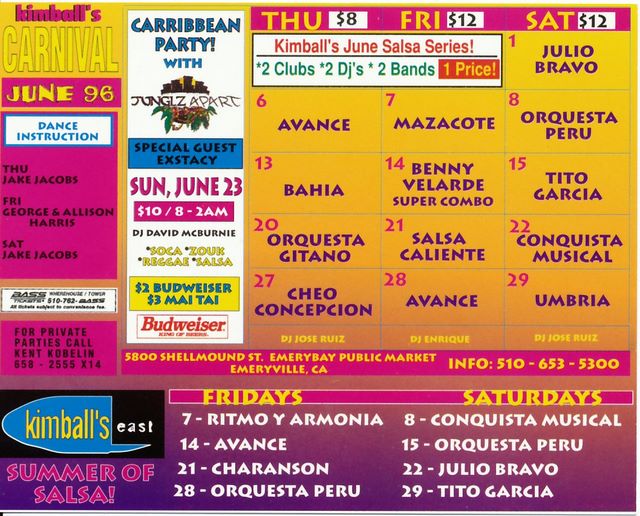 Kimball's Carnival and Kimball's East calendar - June 1996