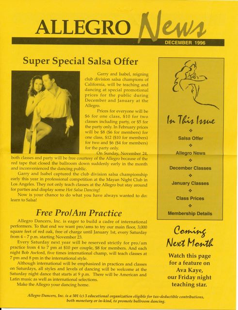 Allegro Ballroom News - announcing new Salsa classes - Dec 1996