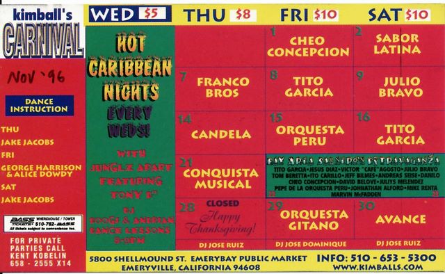 Kimball's Carnival calendar - Nov 1996 (back)