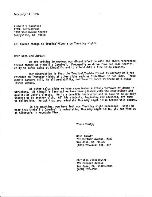 Letter in support of Salsa on Thursdays!   Feb 1997 - Notice they are from San Jose!