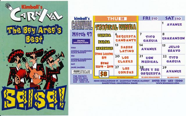 Kimball's Carnival calendar - March 1997 - cumbia night continues to suck, price drops!