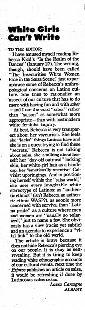 Here comes the flack!  Duck Rebecca!  - letter to editor about East Bay Express article on Salsa