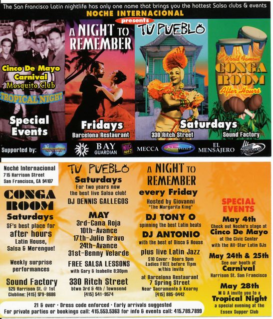 Flyer announcing various salsa events by Noche International in SF, CA
