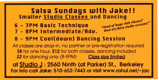 Jake's flyer announcing Salsa Sundays at Studio J