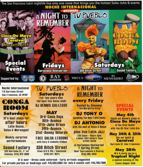 Flyer announcing various salsa events by Noche International in SF, CA