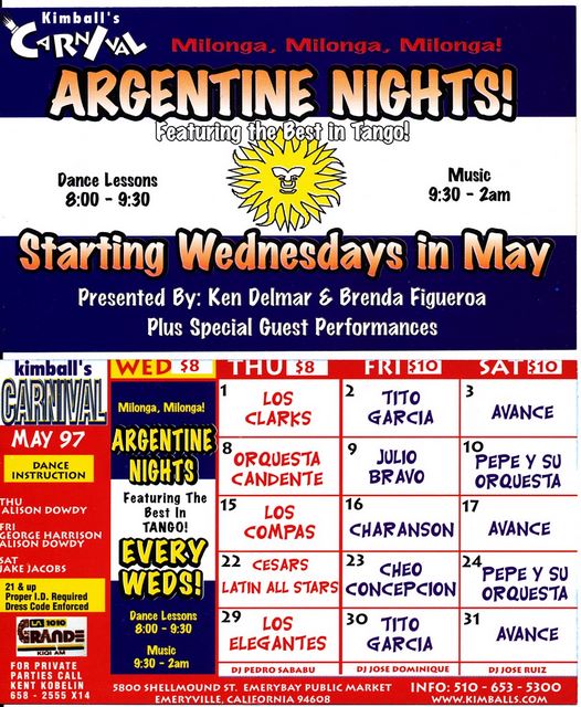 Kimball's Carnival calendar - May 1997. OK - let's try TANGO this time on Wed! And they brought back Salsa Thur - but not us... :(