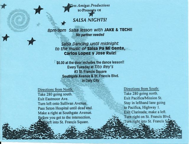 Flyer for our class at Tito Rey's -  Tuesdays - hired by Diana Bowen 1997