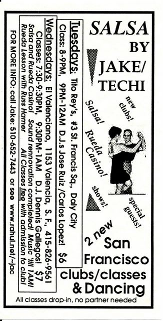 Jake's flyer advertising Tito Rey and El Valenciano new classes in SF