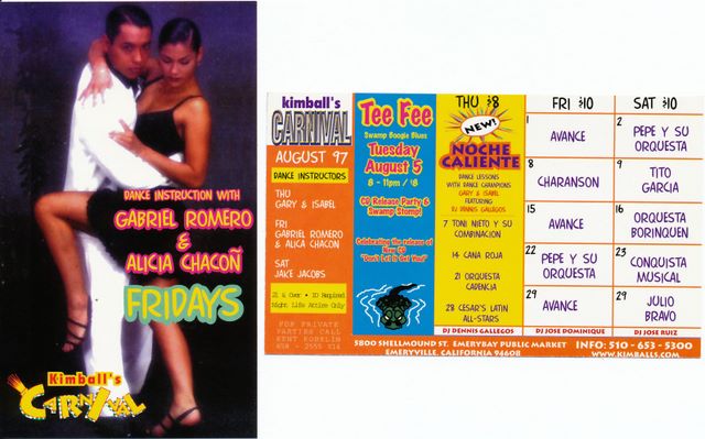 Kimball's Carnival calendar - Aug 1997 - Gabriel starts on Fri and they gave our Thurs to Gary and Isabel!  Double Ouch!  Just cuz we told them Cumbia wouldn't work and manager was sadist.